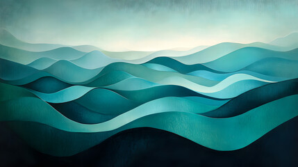 Fototapeta premium A futuristic abstract landscape with undulating waves in shades of teal and aqua, illuminated by soft, glowing highlights that suggest depth and motion 