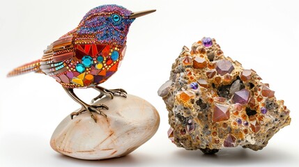 A wren bird statue, designed with colorful stones, standing beside a gemstone-encrusted rock, isolated on white.