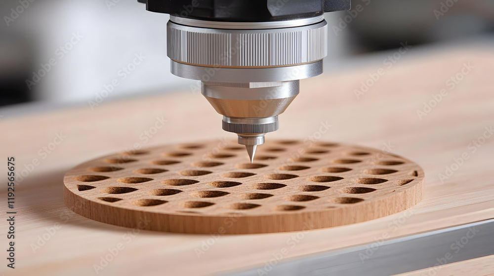 Poster laser cutter creating intricate geometric patterns on a wooden surface, showcasing precision and cra