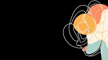 Fototapeta premium Conceptual abstract illustration with overlapping line shapes and warm color gradients on a black background, symbolizing complexity, human emotion, and artistic creativity in modern vector art
