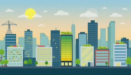 Cityscape with Green Roofs, Sustainable Urban Living