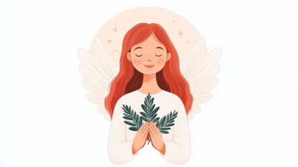Smiling angelic figure with red hair and leafy accents, symbolizing peace, gratitude, and purity in an inspiring and warm hearted digital illustration