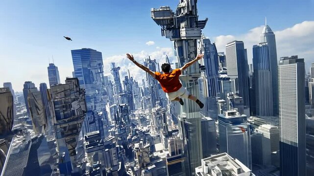 Man leaps from futuristic cityscape building.