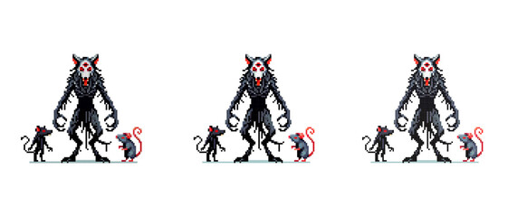 Pixel art depicting a menacing wererat with two smaller rats on either side creating a dark fantasy scene.
