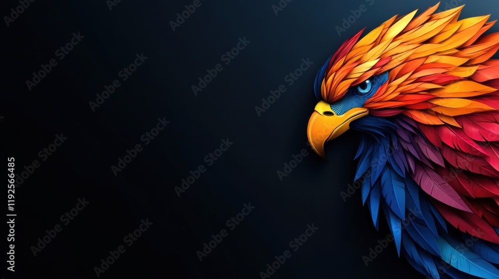 Poster vibrant and colorful abstract illustration of a phoenix bird with dynamic feather design against dar