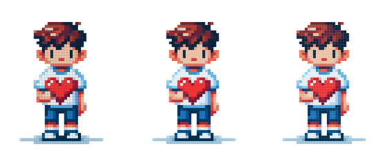 Pixel art of a character with short brown hair, wearing a white t-shirt, blue shorts and white sneakers, holding a red heart.