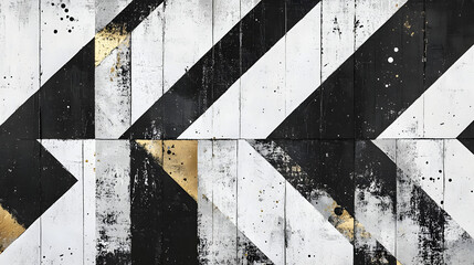 A minimalist abstract artwork with bold black and white geometric patterns, interspersed with splashes of gold and silver accents for a modern and stylish aesthetic 