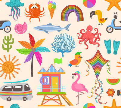 summer fun beach items retro style sunny  seamless pattern, vector illustration repeat design