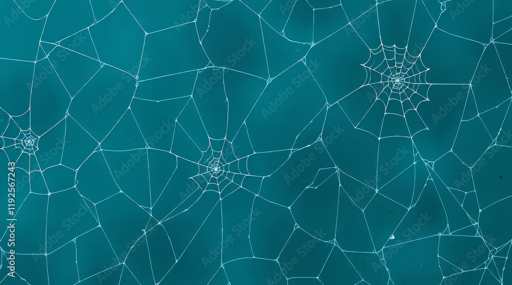 Poster intricate spiderwebs on a solid teal background, creating a delicate and geometric pattern