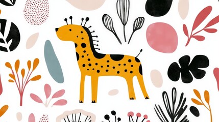 Playful illustration of a baby giraffe amidst abstract botanical elements and pastel patterns, blending fun and creativity for children’s art and learning material