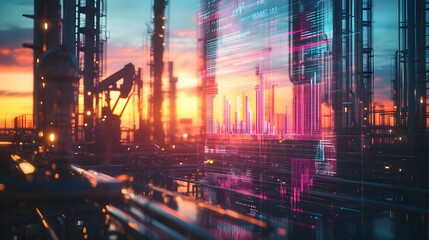 Fototapeta premium Sunset over an industrial landscape with digital data overlay highlighting tech integration