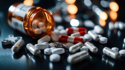 Assorted pharmaceutical pills and capsules spilling from a brown prescription bottle on a dark surface. Blurred warm lights in the background create a dramatic focus. 