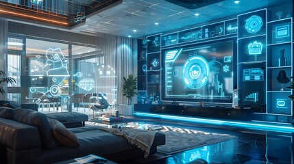 Modern living room with futuristic digital displays and sleek furniture design