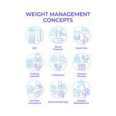 Weight management blue gradient concept icons. Body mass index. Nutrition diet, healthy food. Icon pack. Vector images. Round shape illustrations for infographic, presentation. Abstract idea