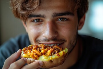 A person enjoying a meal of sandwich, cheese, and chili