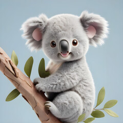 Ultra-detailed 3D render of a cheerful baby koala clinging to a pastel branch, isolated on a soft pastel blue background in 8K