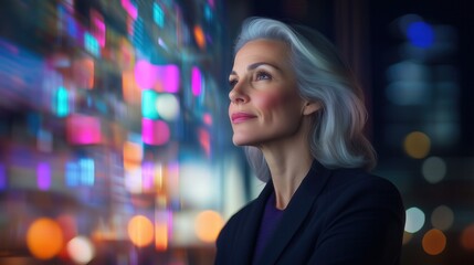 Obraz premium Elegant Mature Businesswoman Reflecting on Technology and Innovation in a City Environment
