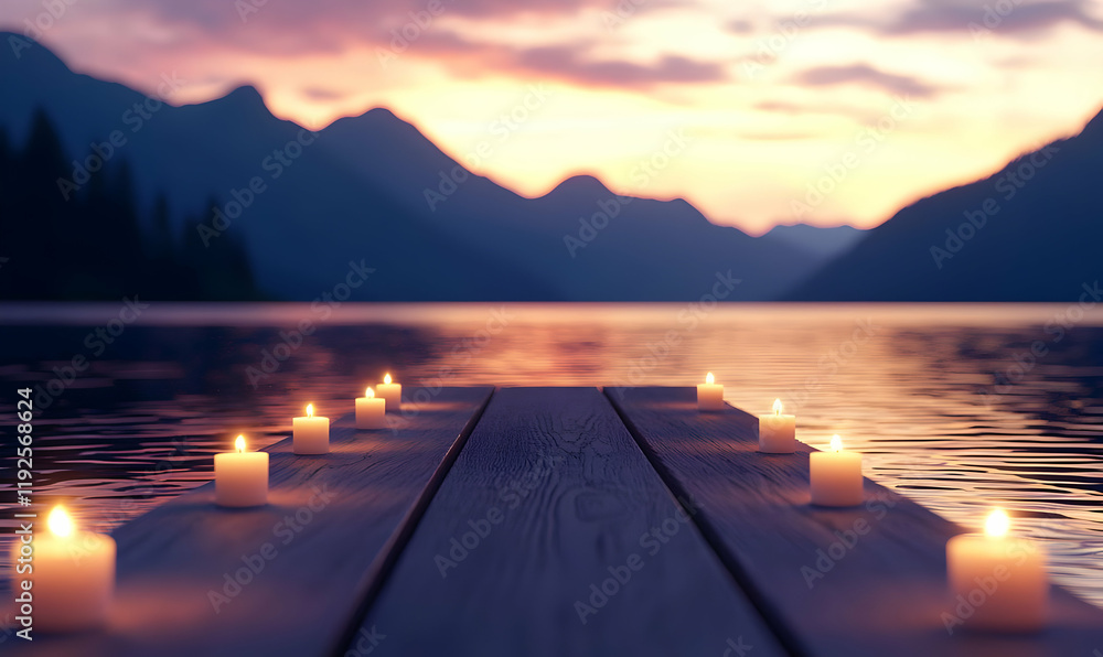 Poster enchanting twilight over a serene lake, flickering candles illuminating the water's edge, creating a