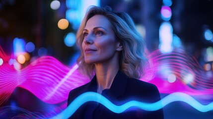 Confident Modern Businesswoman in Urban Nightscape with Vibrant Abstract Light Streaks Displaying Innovation and Leadership