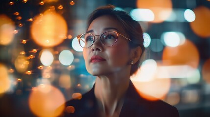 Elegant Businesswoman Reflected in City Lights at Night