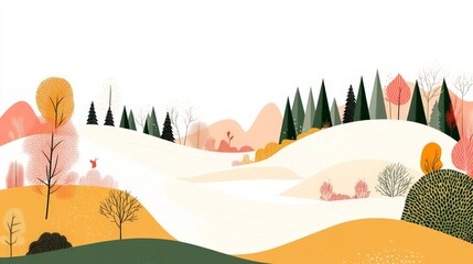 Scenic abstract landscape with rolling hills, soft autumn colors, distant pine trees, and minimalist artistic design perfect for nature inspired wallpapers or posters