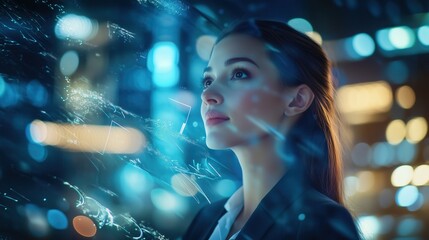 Thoughtful Professional Businesswoman Surrounded by Abstract Digital Elements and Urban Lights at Night