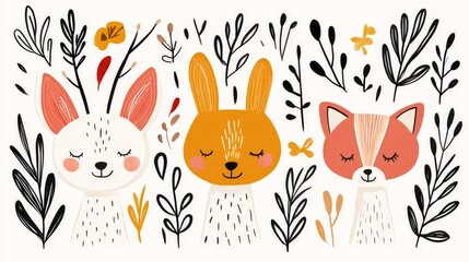 Playful illustration of rabbits and foxes surrounded by detailed botanical leaves and flowers, emphasizing woodland charm and modern folk art design