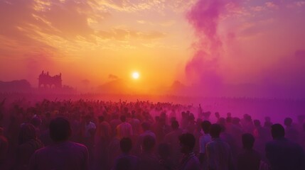 Serene Holi Celebration at Dawn with Sunlight and Colorful Smoke Effects