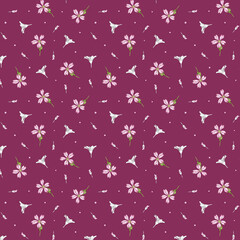 Floral pattern. Seamless pattern with wild wildflower pink flowers. Flower blossom. Illustration in sketch and color style. Doodle and line drawing. Summer design for textile, packaging, paper