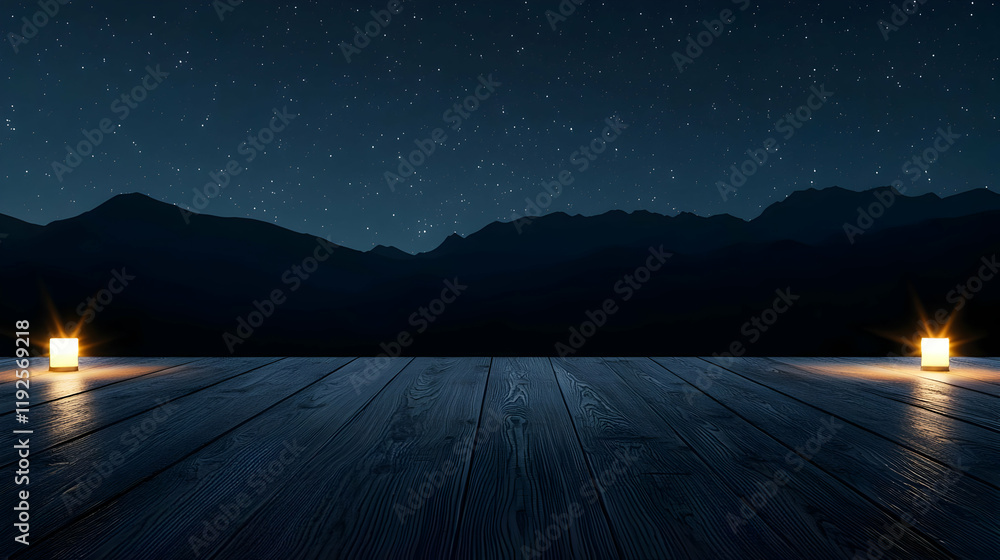 Poster tranquil evening dock, a serene wooden dock illuminated by soft glowing tea lights, creating a peace