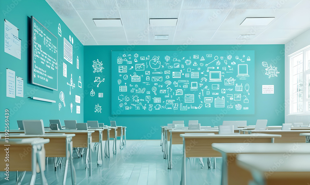 Poster futuristic classroom design with interactive learning icons, innovative layout, engaging technology 