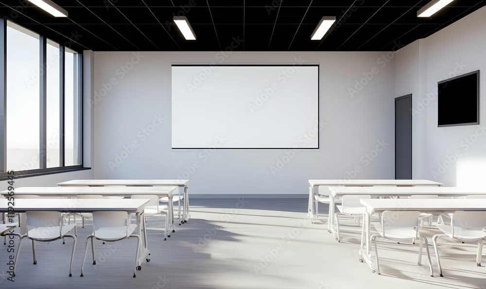 Poster futuristic classroom with interactive augmented reality technology, engaging learning environment, i