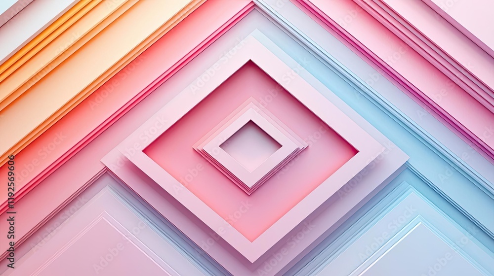 Poster minimal symmetry idea. a vibrant abstract design featuring layered geometric shapes in soft pastel c