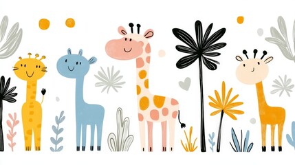 Vibrant animal themed design showcasing giraffes, elephants, and tropical plants in a safari inspired setting, emphasizing biodiversity, environmental conservation, and abstract art for decor
