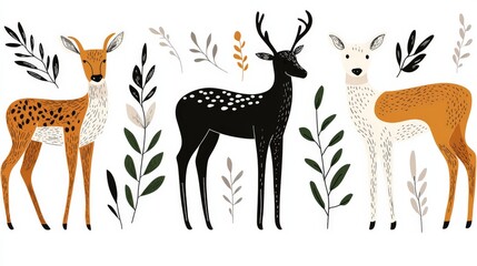 Minimalist design of elegant deer with varying antler sizes, positioned among stylized branches and plants, symbolizing wildlife ecology, natural elegance, and serene simplicity in nature vector art