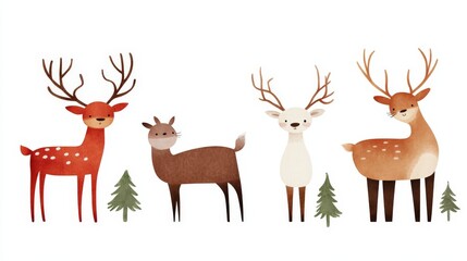 Elegant lineup of deer with large antlers and subtle Christmas themed elements in muted pastel tones, blending winter festivity with wildlife appreciation in serene illustration art