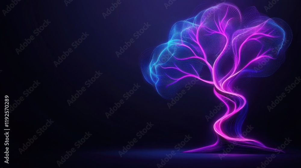 Poster abstract glowing tree in vibrant colors with swirling branches on a dark background for creative des