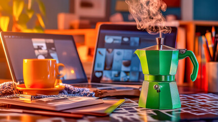 Morning coffee preparation in a cozy workspace featuring a green espresso maker and steaming cup