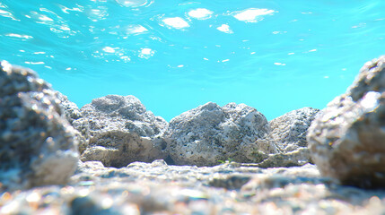 Obraz premium Tropical Serenity, a vibrant ocean-themed scene filled with turquoise bokeh, evoking a sense of calm and relaxation in a tropical paradise.