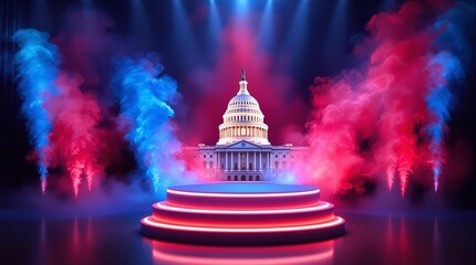 Glowing white circular podium with red blue swirling smoke neon highlights Capitol backdrop for patriotic branding and political events