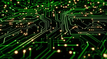 Obraz premium High-tech digital circuit pattern with neon green and black for futuristic tech branding, digital art, sci-fi visuals, and modern tech backgrounds