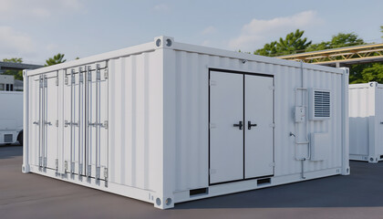 Naklejka premium Energy storage system or battery container unit with white industry model for infrastructure development, close-up