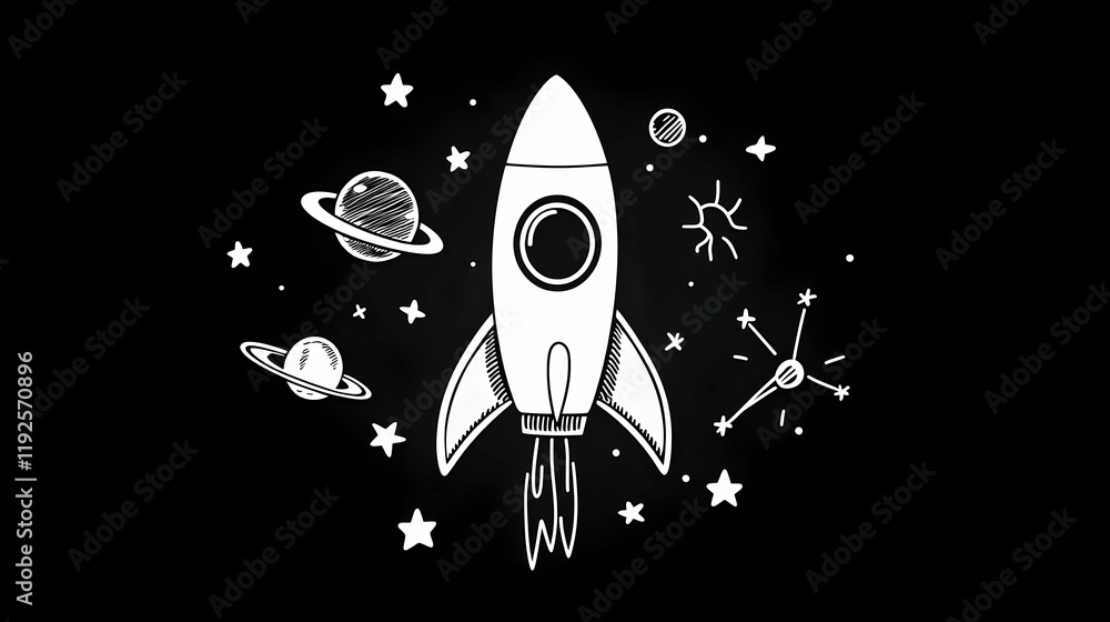 Poster minimalist rocket design on a chalkboard, featuring sleek lines and a creative layout, emphasizing a