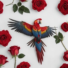 Fototapeta premium A scarlet macaw with its wings partially open, posing next to a red rose in full bloom, centered on a clean white surface.