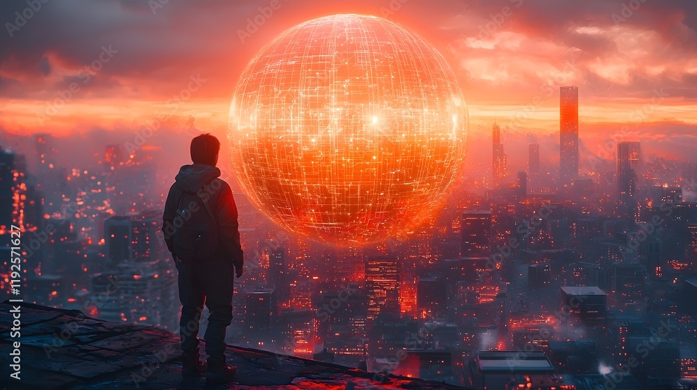 Poster hacker infiltrates futuristic cyber network represented by holographic globe