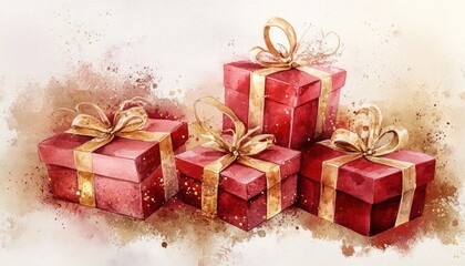 A festive watercolor of New Year gift boxes wrapped in rich crimson and golden hues