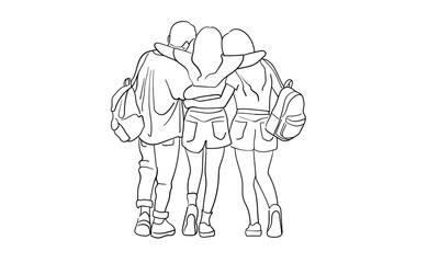 Friendly 6 girls hugs continuous line art drawing isolated on white background. Teenager group, students outline. Vector illustration
