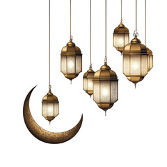 Obraz premium Vector Illustration of Ramadan Mubarak with crescent moon and lanterns on a transparent background png