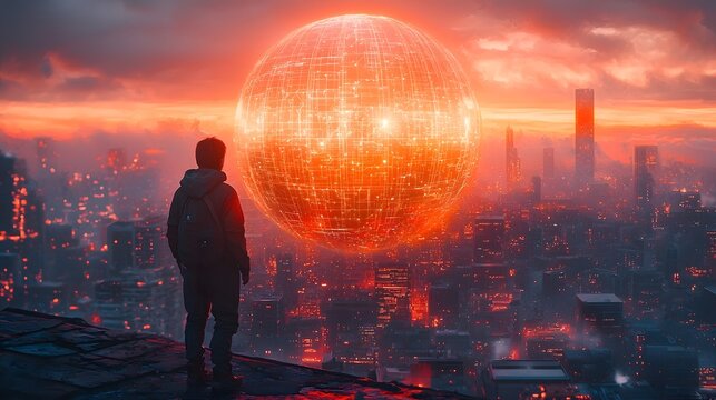 Hacker Infiltrates Futuristic Cyber Network Represented by Holographic Globe