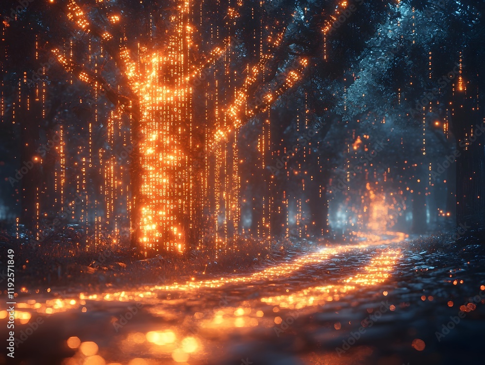 Poster surreal digital forest with glowing binary pathways symbolizing encrypted systems waiting to be brea